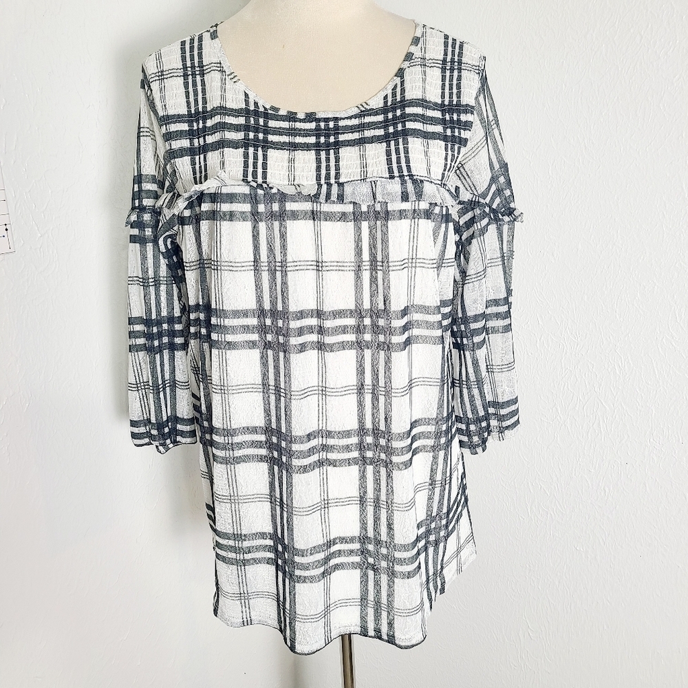 Signature Studio Black & White Plaid Top, Ruffled Detail Sheer Lace Overlay Sz L